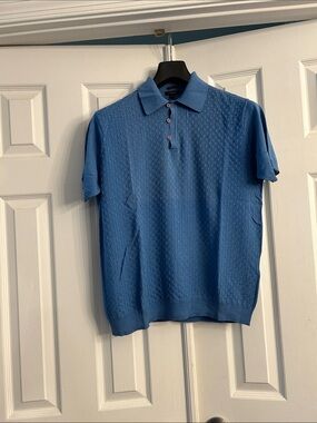 Men's Steel Blue Short-Sleeve Polo with Textured Knit